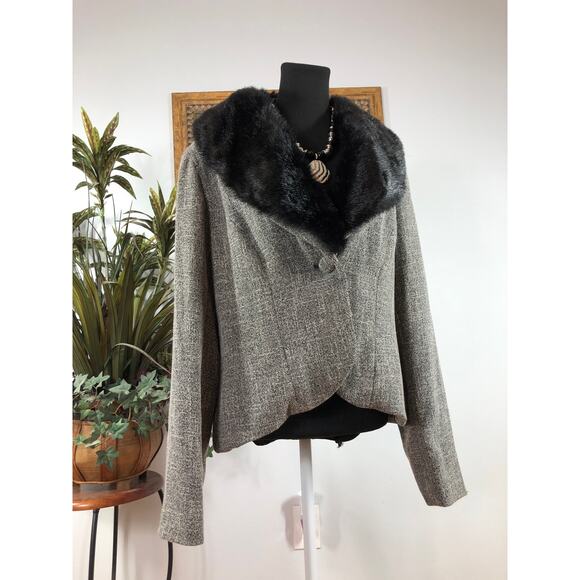 Apt. 9 Black White Tweed Blazer Jacket Removable Faux Fur Collar Single Button - Picture 2 of 9